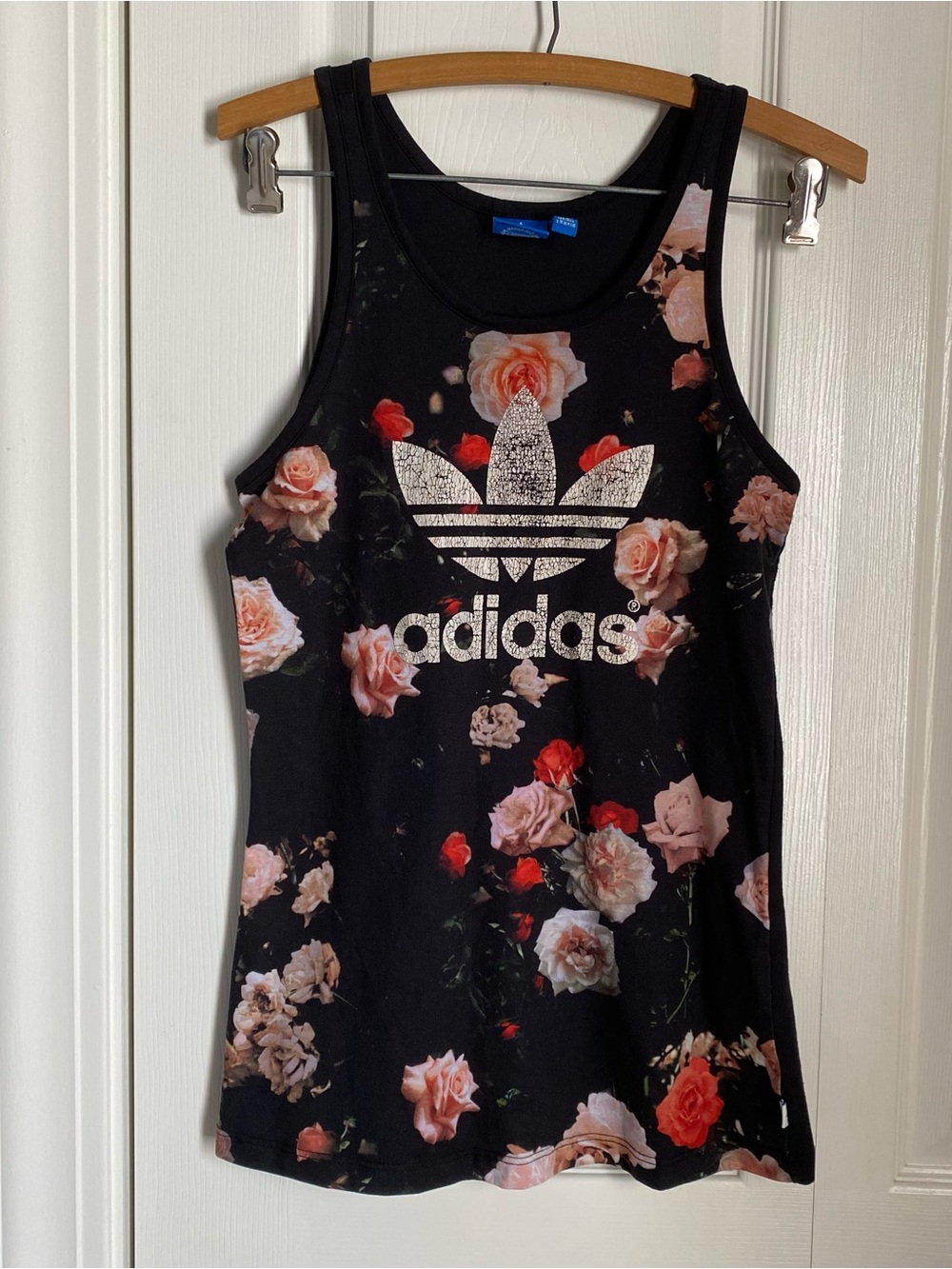 Adidas Black Floral Rose Tank Top Distressed Trefoil Logo XS 2010s Retro Sporty